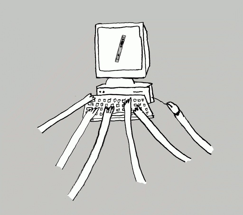 Moving image of multiple hands on a computer