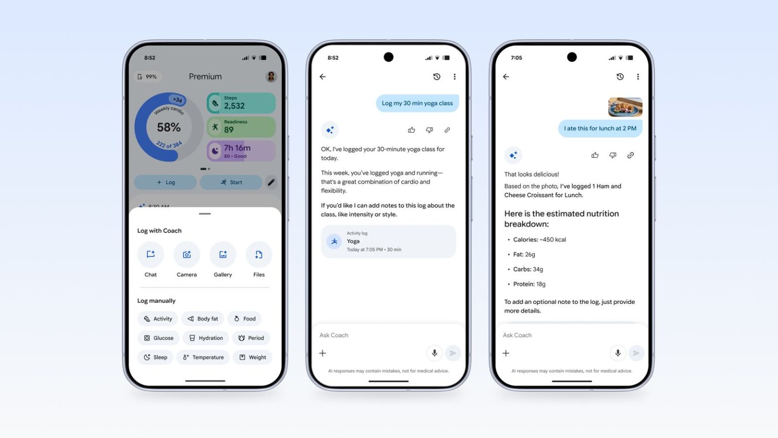 Screens within the Google Health app for logging information