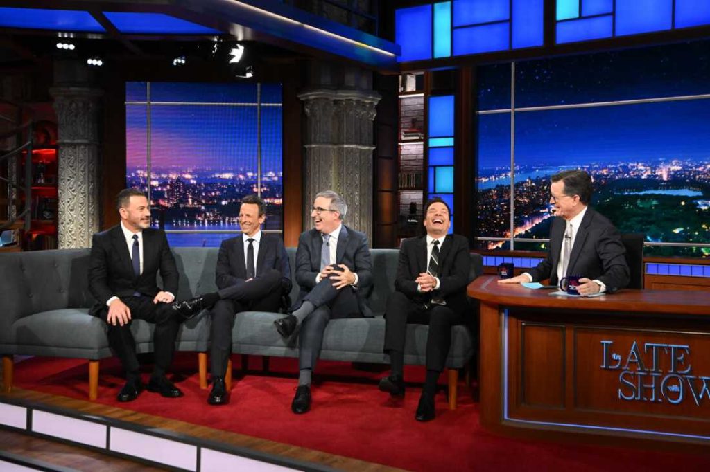 Stephen Colbert and late night hosts strike again as his show nears finale : NPR The Late Show with Stephen Colbert and guests Jimmy Kimmel, Jimmy Fallon, John Oliver, and Seth Meyers during Monday’s May 11, 2026 show.