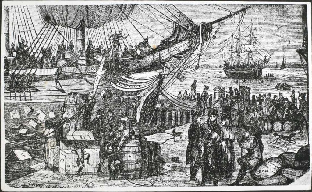 How coffee fueled early America’s revolutionary spirit : NPR An illustration of the Boston Tea Party, when colonists dumped British East India Company tea into the harbor on Dec. 16, 1773. Some accounts say this marked a pivotal moment when Americans started loving coffee. But one historian says Americans were drinking lots of coffee before then.