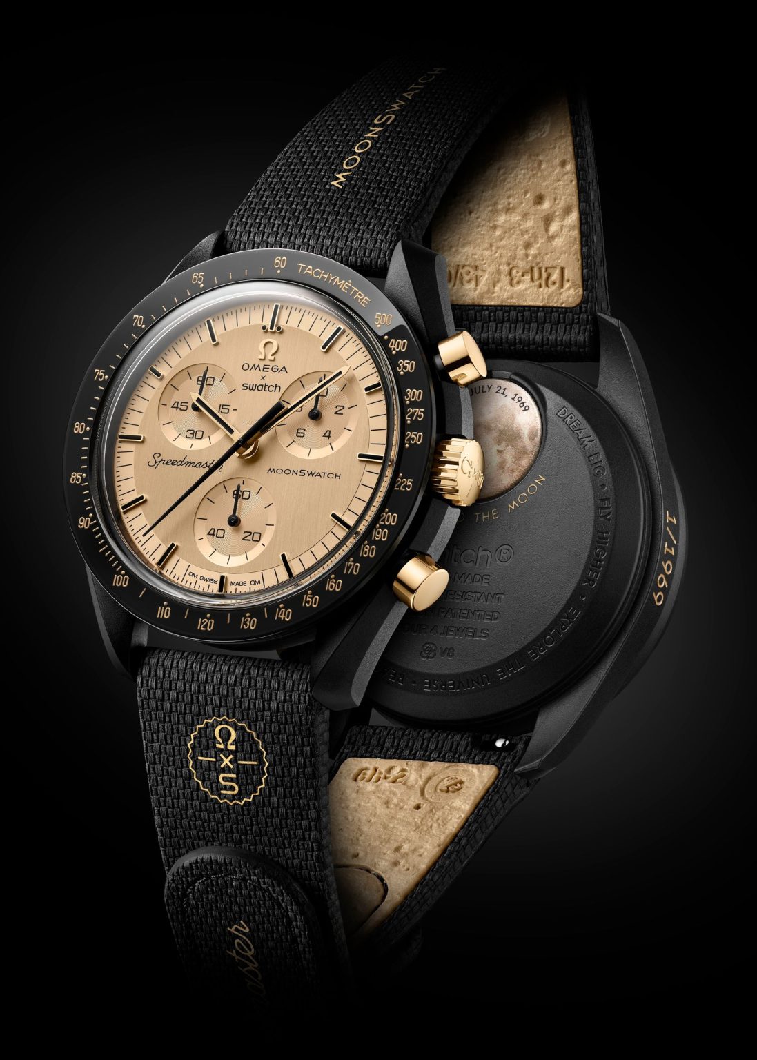 Swatch’s New Gold MoonSwatch Solves the Problem of the Nightmare Royal Pop Launch Image may contain Wristwatch Arm Body Part and Person